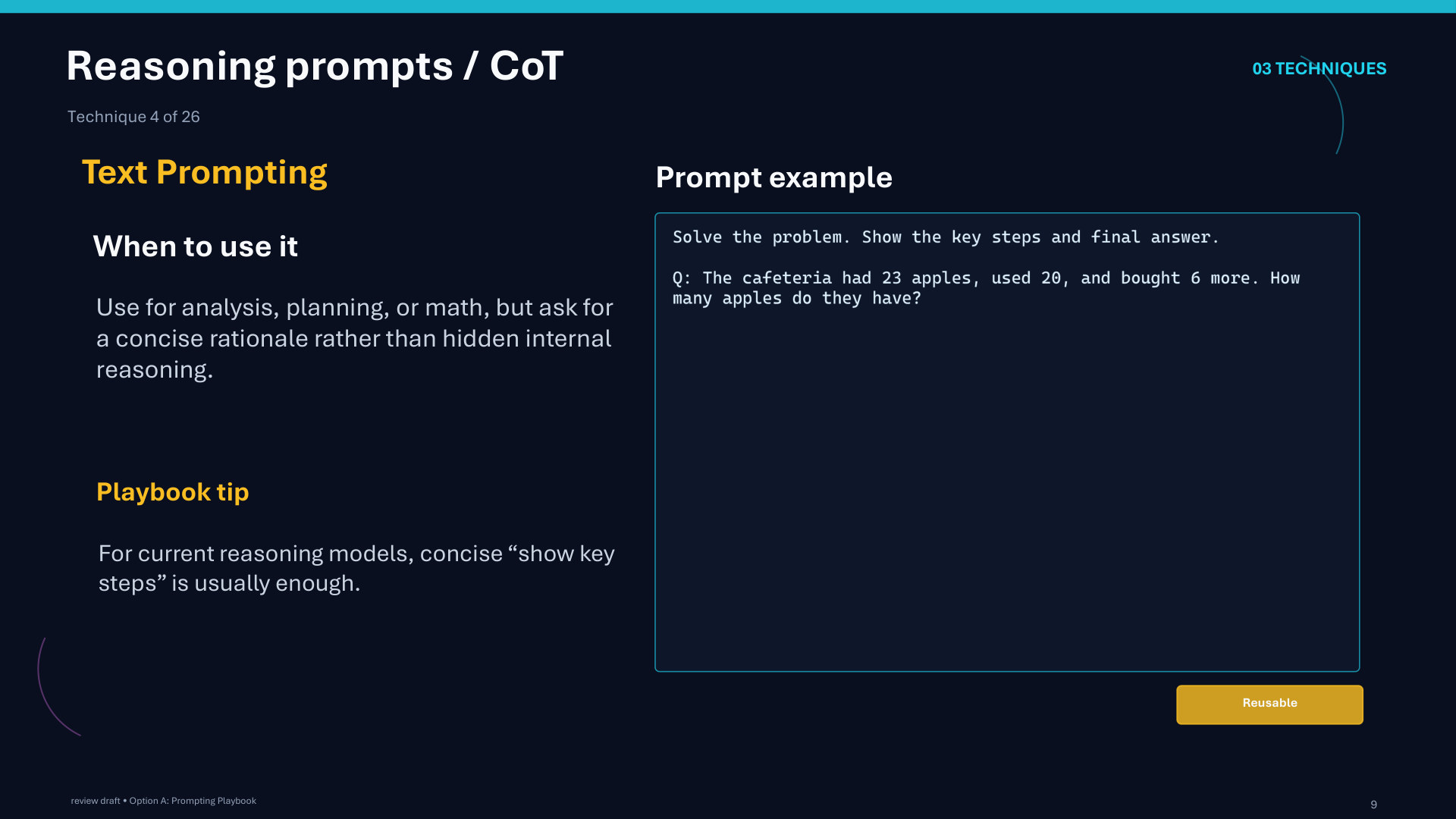 Page 9: Reasoning prompts / CoT